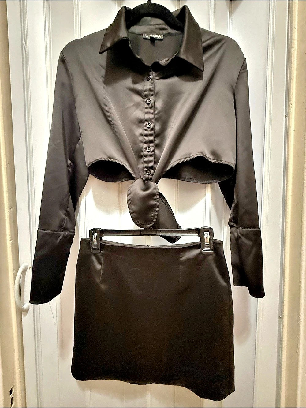 Fashion Nova Hello Monday Satin Skirt Set Black Mini